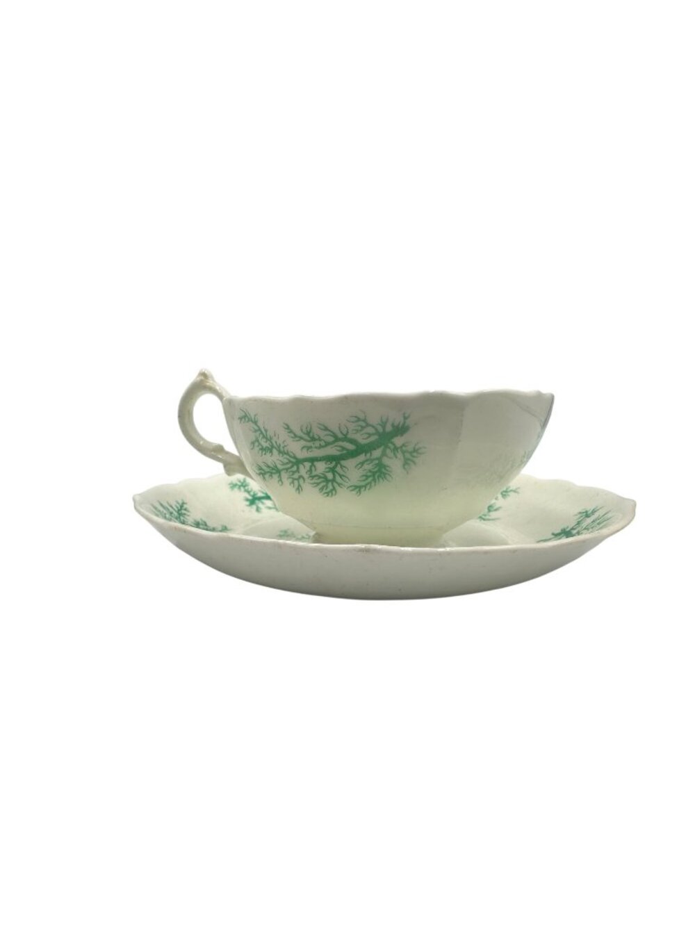 Antique Victorian Era Green Floral Transferware Teacup & Saucer Set White Scallo